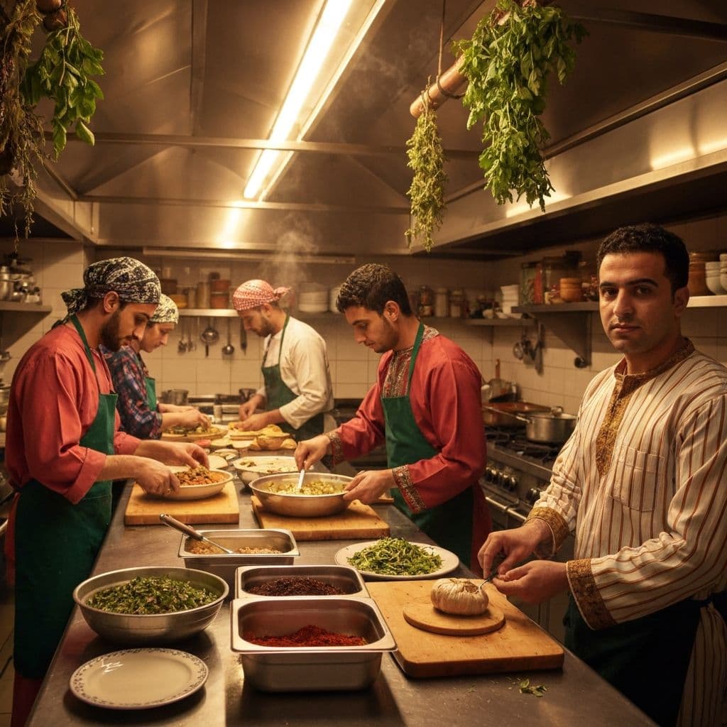 A family preparing Middle Eastern cuisine in the kitchen