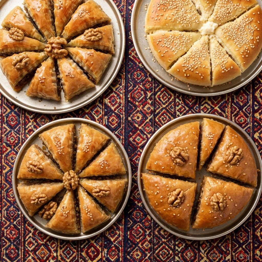 Middle Eastern desserts including baklava and kunafa